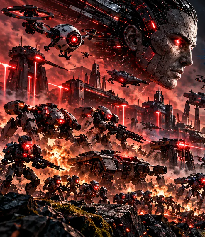 Creon, a cracked stone face with glowing red eyes and robot army